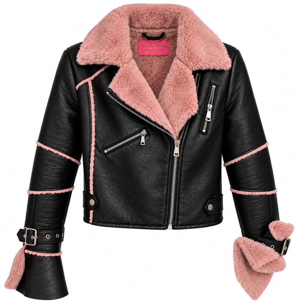 Azalea Wang x AKIRA Black Pink Faux Leather Moto Biker Jacket